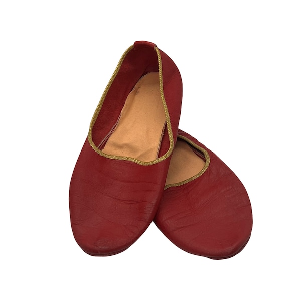 70s Red Leather Ballet Flats Slippers Gold Trim