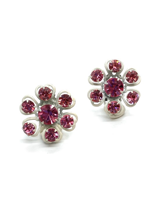 60s Pink Rhinestone Daisy Earrings Set in White - image 1