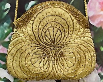 80s Magid Gold Satin Shoulder Purse Gold Beads