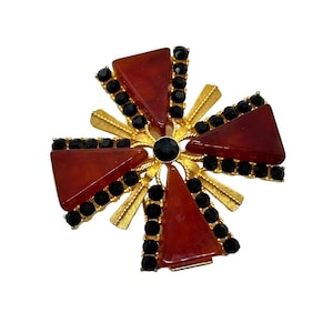 60s R Mandle Maltese Cross Brooch Carnelian Glass Black Rhinestones