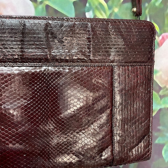 80s Ronora Burgundy Leather Clutch Snake Skin Pur… - image 3