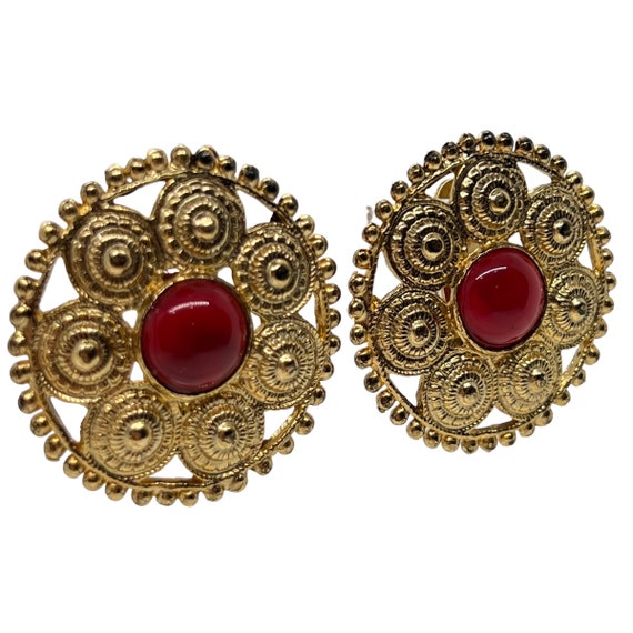 80s Gold Tone Round Spiral Earrings Red Cabochon - image 3