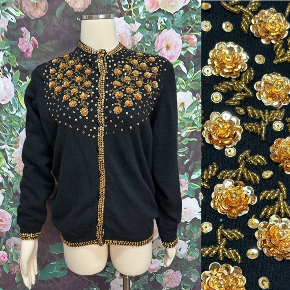 50s Black Wool Cardigan Gold Sequin Flowers Beads - image 1