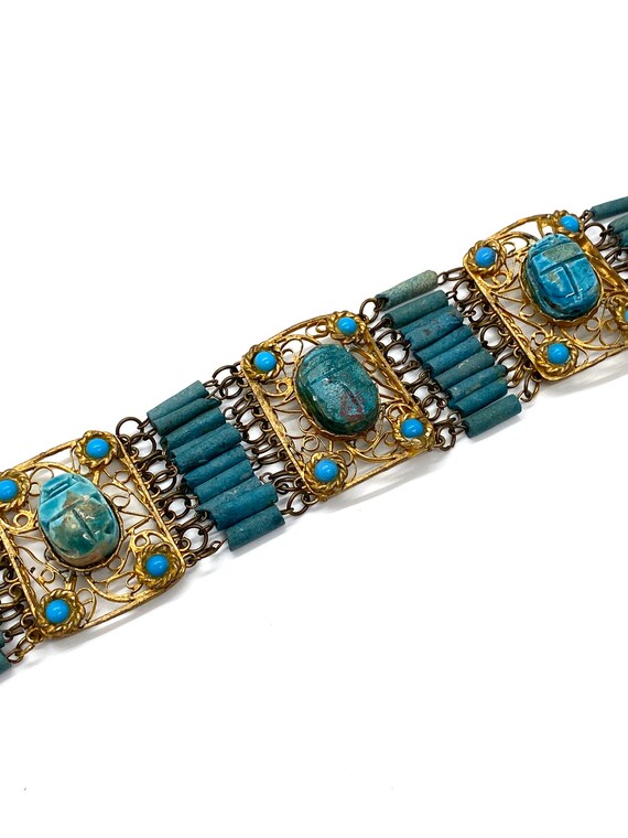 20s Egyptian Revival Scarab Panel Bracelet Blue Fa