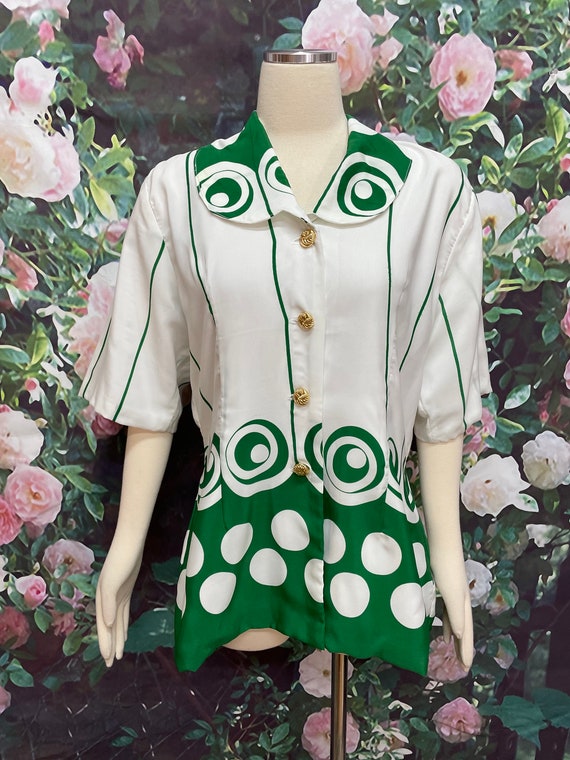 80s Green Swirl Blouse Polka Dot Homemade Shirt XL - image 2