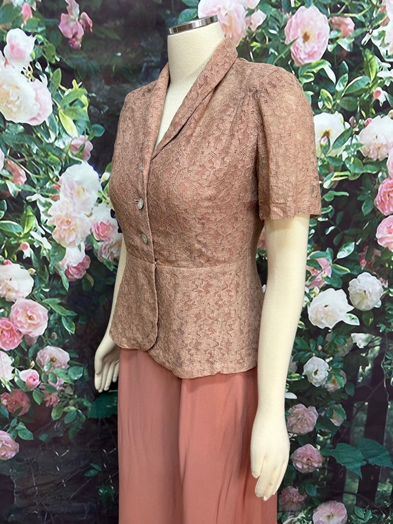 40s Rose Pink Lace Dress Jacket Glass Buttons Med… - image 4