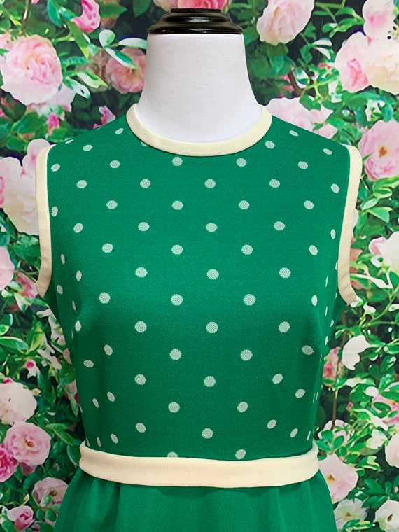 60s Kelly Green Polka Dot Maxi Dress Polyester Kn… - image 4
