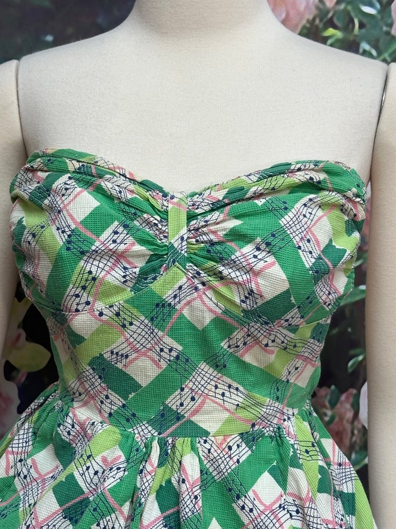 50s Green Musical Notes Strapless Dress XS - image 5