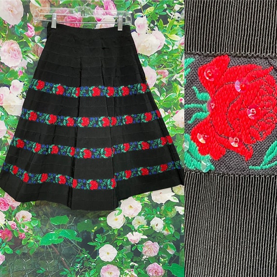 70s Black Denim Midi Skirt Red Beaded Rose Trim XS - image 1