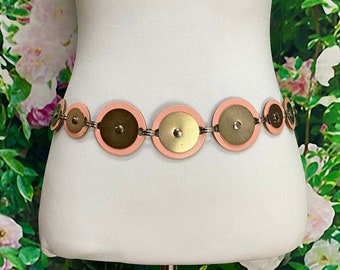 80s Pink Leather Belt Silver Metal Disc Medallion