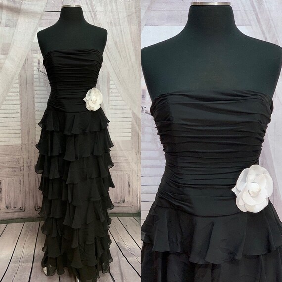 80s Lillie Rubin Black Strapless Evening Gown Ruff