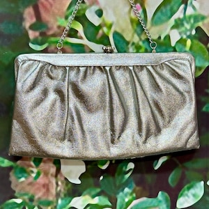 60s Silver Faux Leather Clutch Metallic Handbag Evening Purse