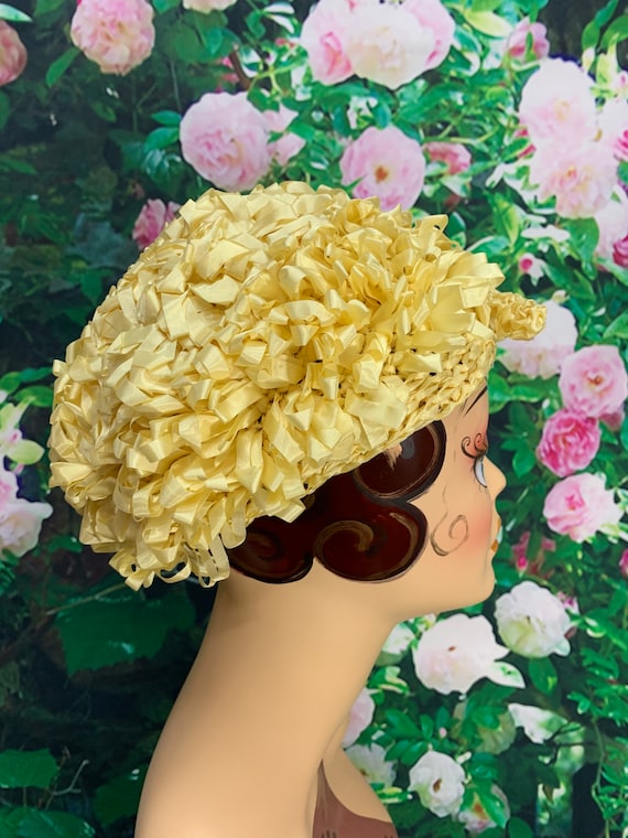 {VTG} Linda Campisano | Felt Cloche Ribbon Trimmed Hat Mustard Yellow/Purple VTG} Linda CampisanoFelt Cloche Ribbon Trimmed Hat Mustard  main image 3