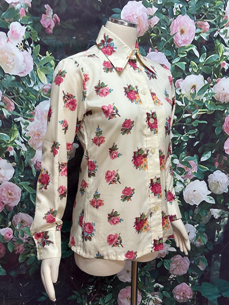 70s Pink Roses Blouse Button Down Dagger Collar Laura Mae - Etsy