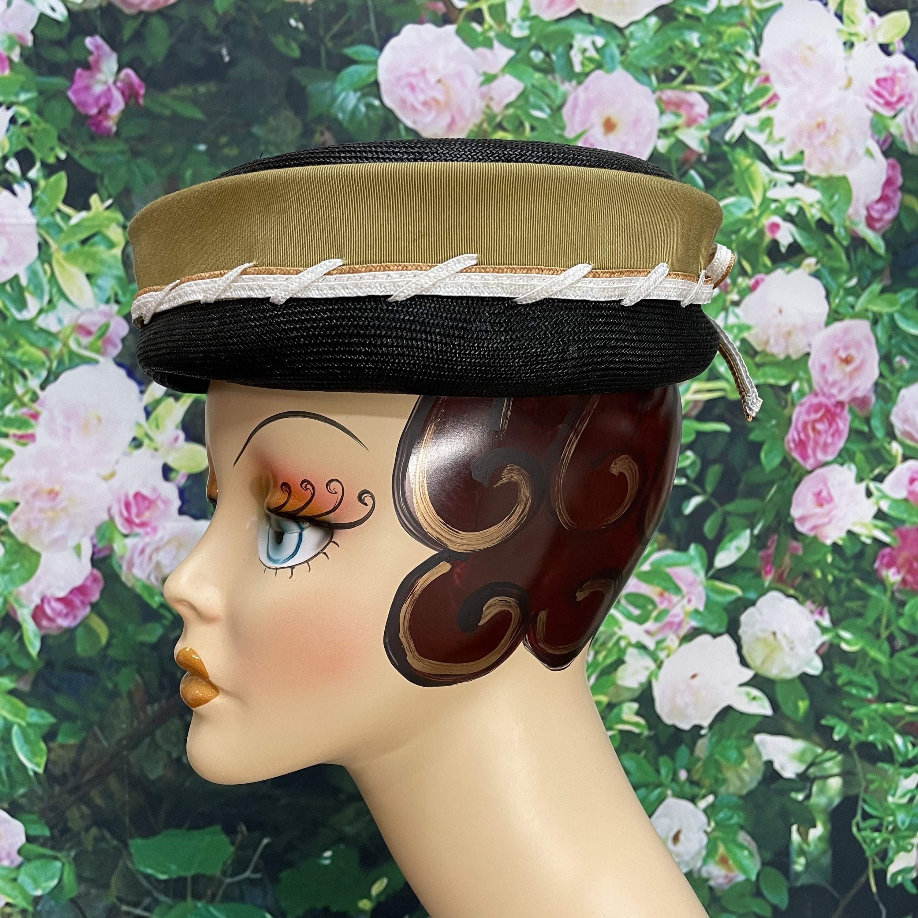 Vintage Herbert Bernard Pill Box Hat 50s Herbert Bernard Black Straw Pillbox Hat Mustard - Etsy main image 2