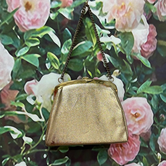 60s Gold Leather Evening Purse Rose Clasp - image 4