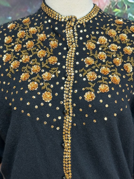 50s Black Wool Cardigan Gold Sequin Flowers Beads - image 3