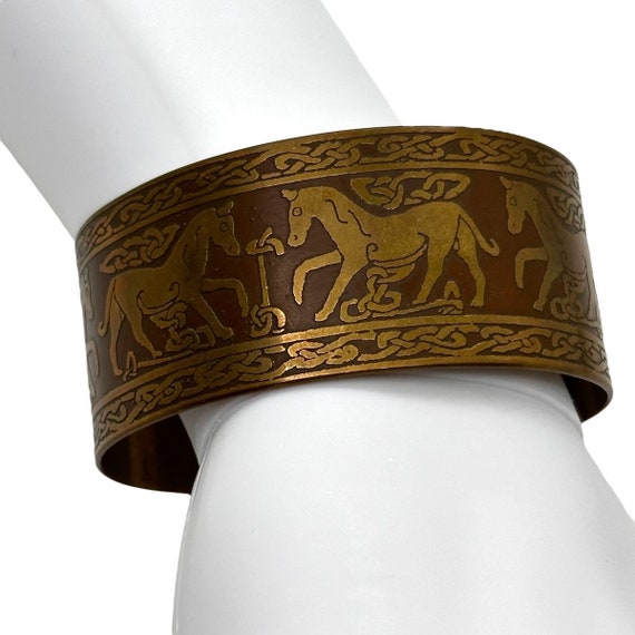 Vintage Celtic Knotwork Horse Brass Cuff Bracelet - image 2