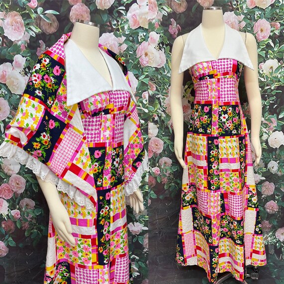 70s Pink Patchwork Halter Maxi Dress Shawl Dagger… - image 1