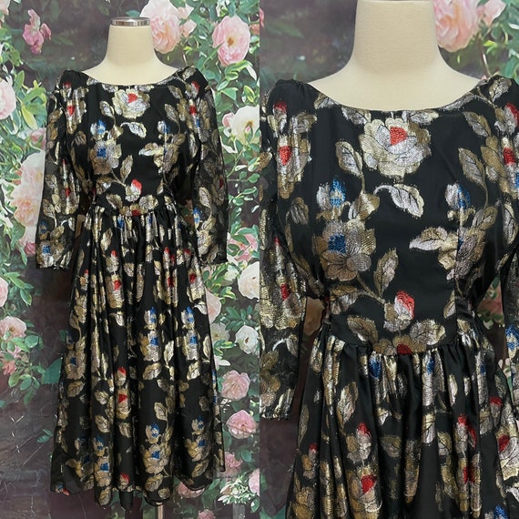 70s Black Chiffon Lurex Flowers Fit and Flare Dre… - image 1