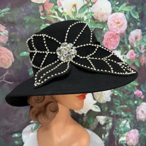 Vintage 80’s Black Wool Rhinestone Hat Church Hat Derby Hat