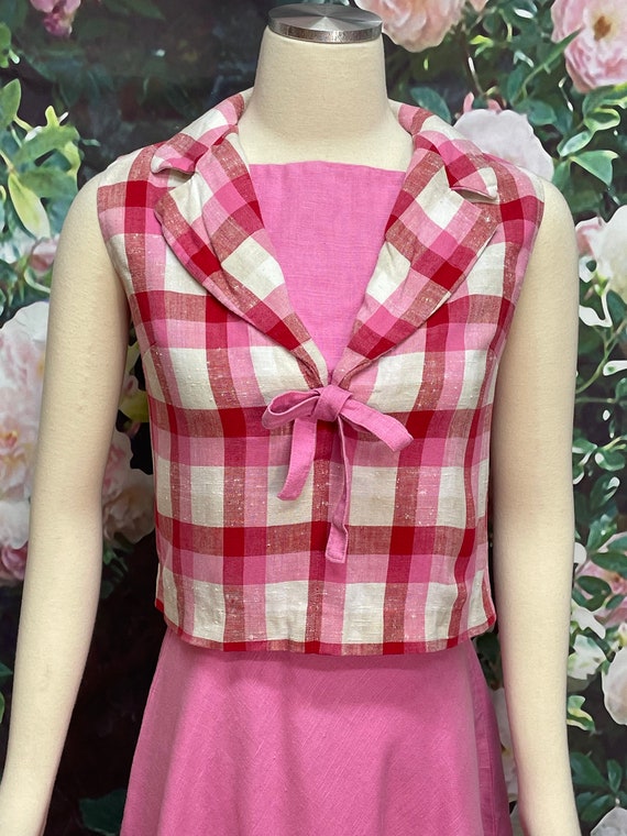 60s Bubblegum Pink Linen Skirt Plaid Blouse XS - image 3