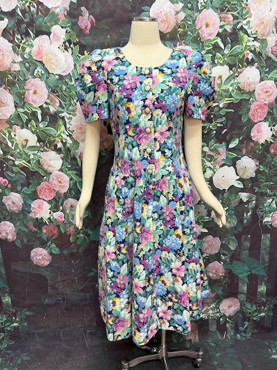 80s Blue Floral Fit and Flare Dress by Positive Attitude - Etsy