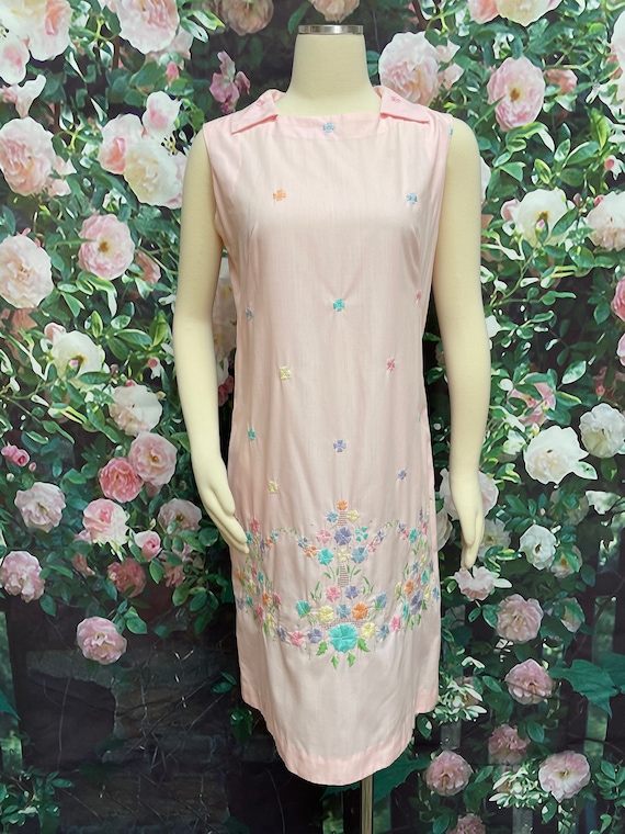 60s Pink Embroidered Pastel Flowers Dress - image 2