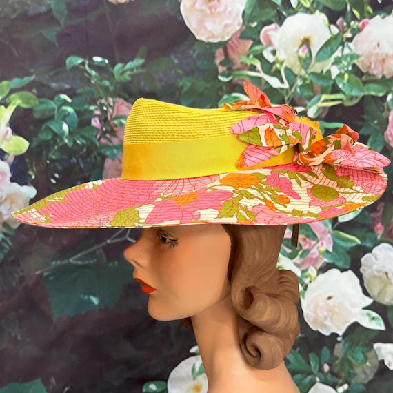 Buy 80s Pink Floral Sun Hat Yellow Straw by Bullocks NWT  display picture 1