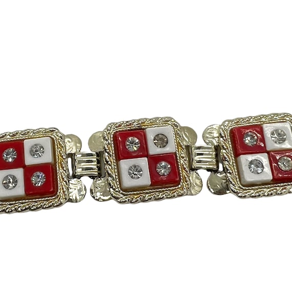 70s Red White Checkerboard link Bracelet Rhinesto… - image 1