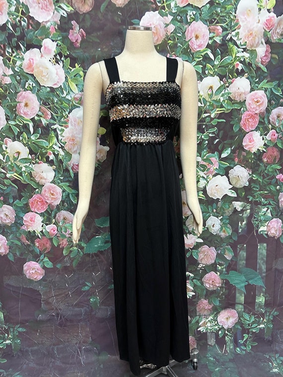 70s Black Silver Striped Sequin Maxi Dress Small Polyester Disco Dress