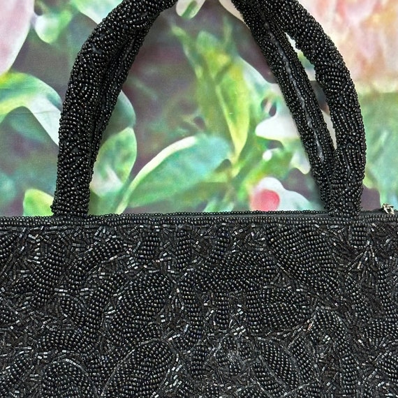 Vintage Black Beaded Tote Bag Double Handle Purse - image 3