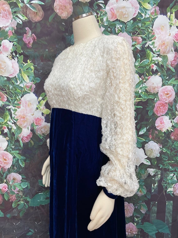 60s Blue Velvet Maxi Dress White Lace Bodice Bow … - image 4