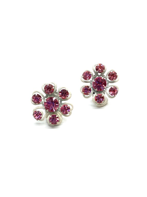 60s Pink Rhinestone Daisy Earrings Set in White - image 6