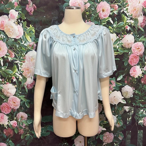 70s Gilead Baby Blue Nylon Bed Jacket Lace Short … - image 1