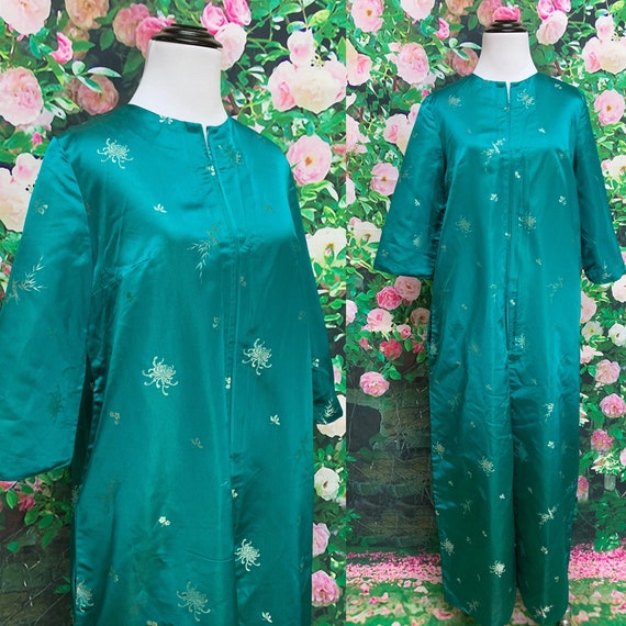 70s Peacock Blue Silk Satin Lounge Robe Zip Front