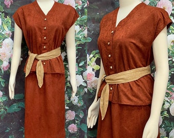 70s Rust Brown Faux Suede Skirt Belted Tunic Top