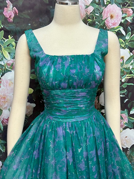 50s Joan Barrie Teal Green Chiffon Party Dress - image 3