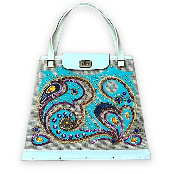 60s Embellished Jewel Tote Purse Aqua Blue Bird Butterfly Sequins