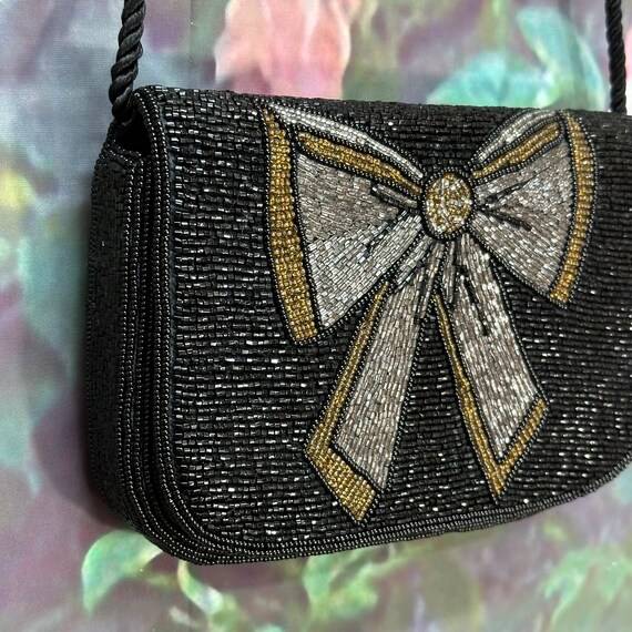 90s Destinee Black Beaded Bow Purse Evening Handb… - image 4