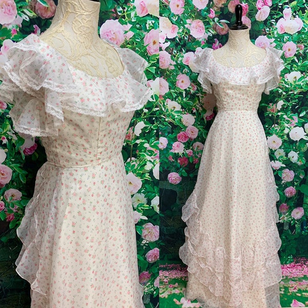 70s White Floral Maxi Dress Ruffle Southern Belle Chiffon Overlay