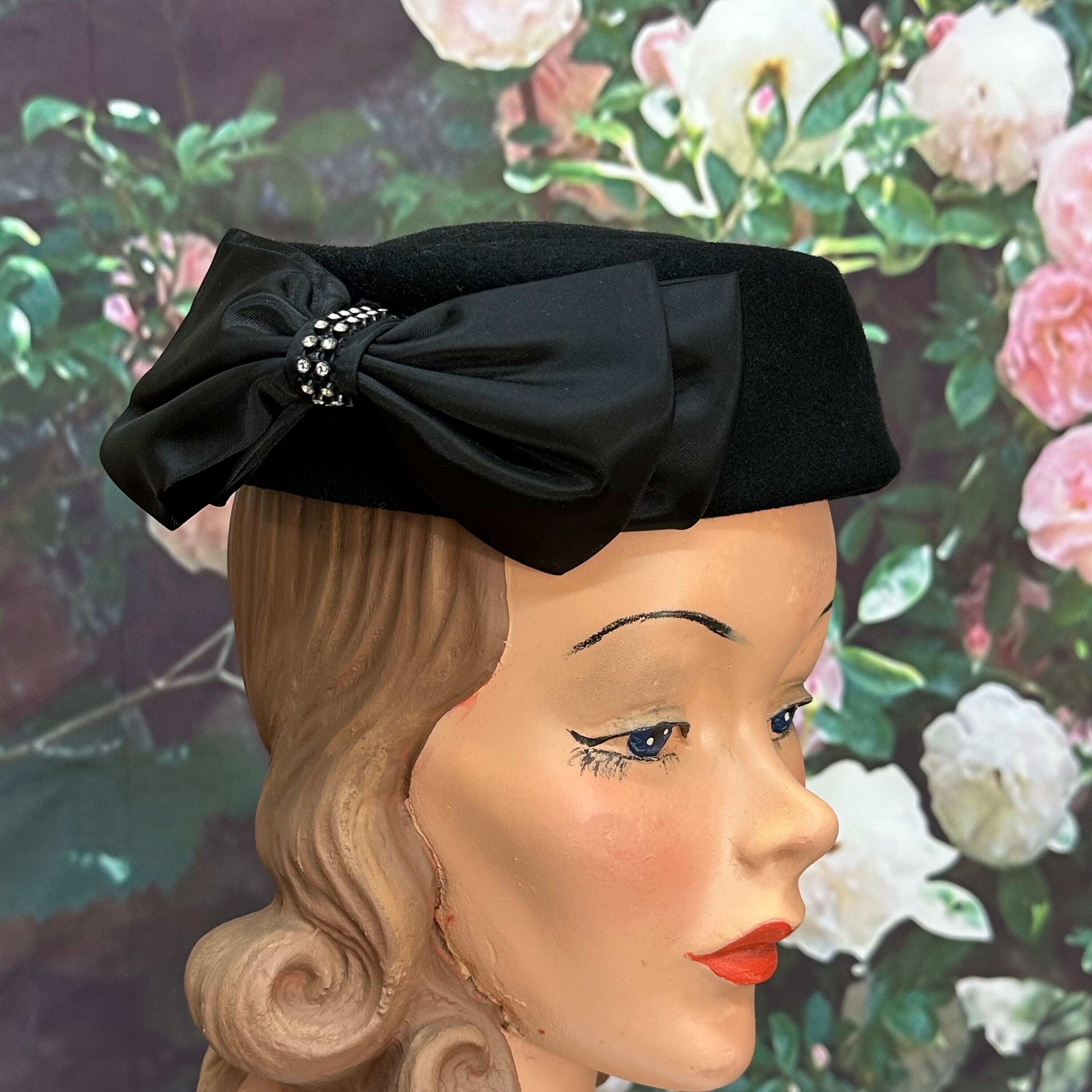 80s Fedoria Black Wool Hat Rhinestone Bow - Etsy display picture 1