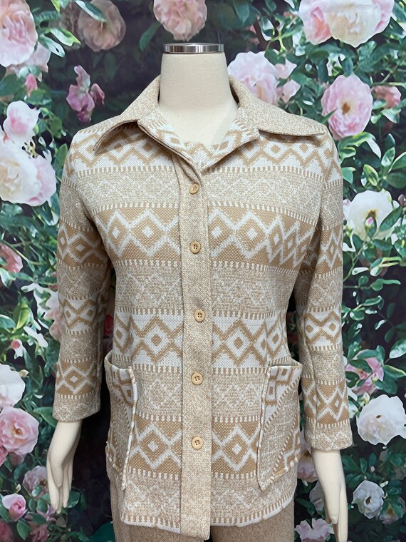 70s Tan Polyester Three Piece Pant Suit Cardigan … - image 3