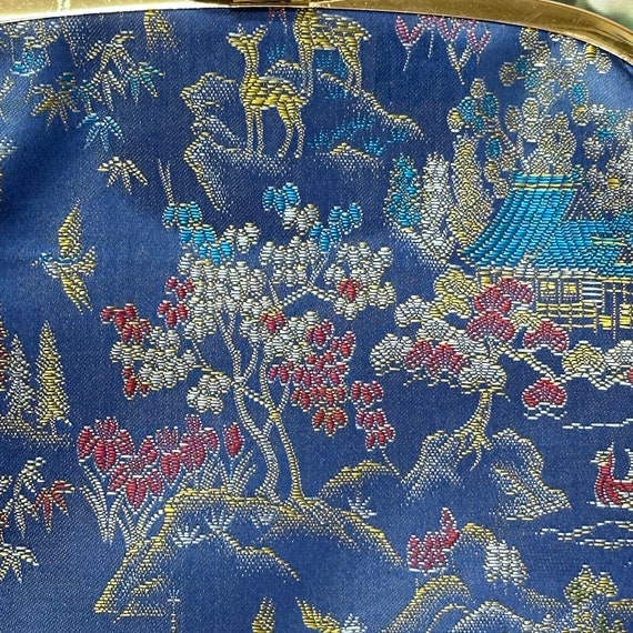 80s Blue Chinese Brocade Purse Landscape Clutch - image 4