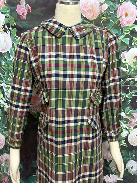 60s Green Plaid Dress Front Pockets Schoolgirl - image 3