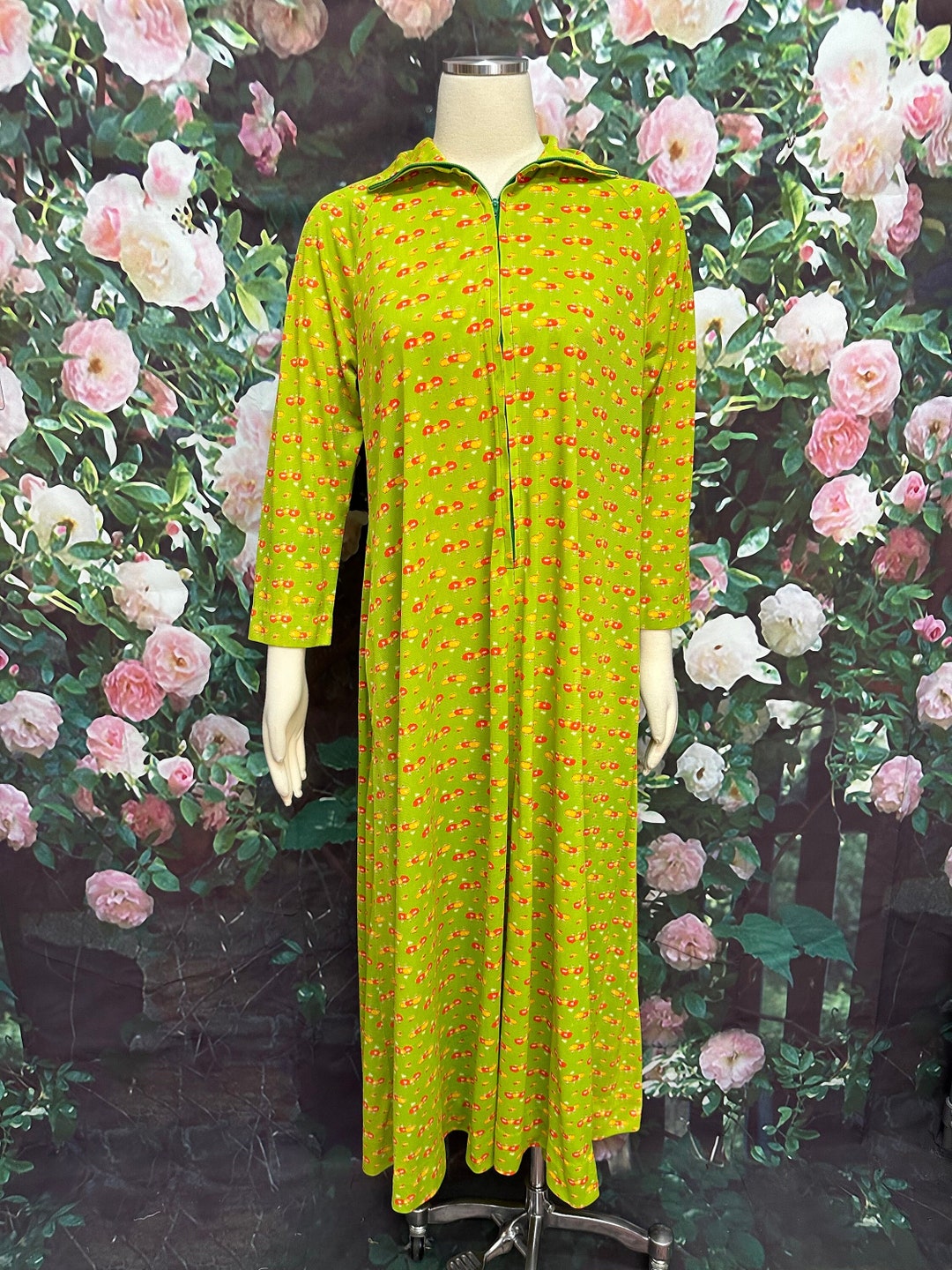 70s Groovy Lime Green Lounge Robe Hostess Dress Orange Trees - Etsy