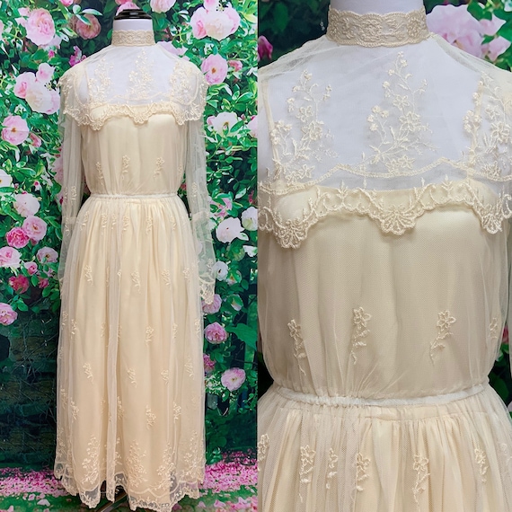 70s Victorian Ivory Sheer Lace Dress Embroidered N