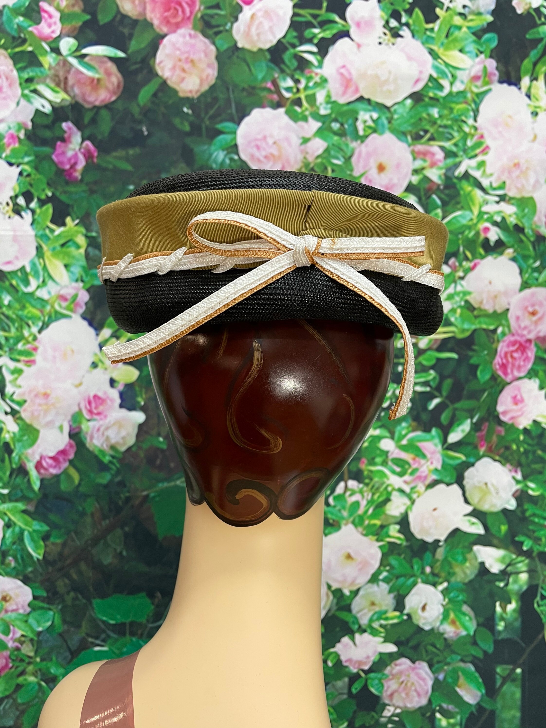 50s Herbert Bernard Black Straw Pillbox Hat Mustard - Etsy display picture 1