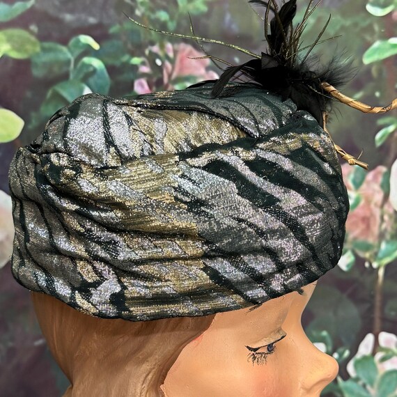 50s Metallic Lame Animal Print Pillbox Feather Tu… - image 4