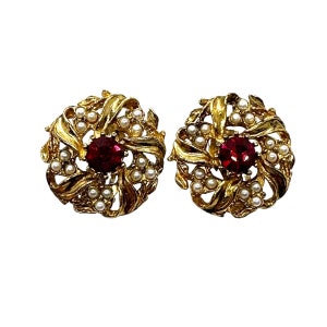 80s Gold Flower Earrings Pearls Red Rhinestones